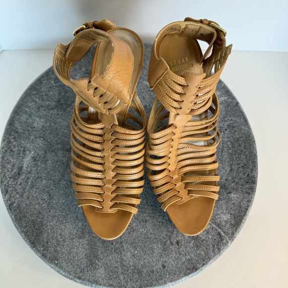 Stuart Weitzman Beige Leather Heels Sandals Stiletto 7.5 - Picture 2 of 11